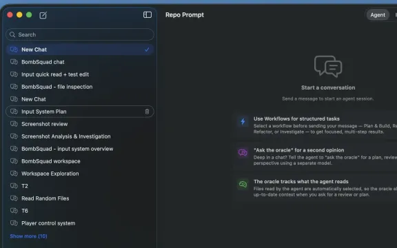 RepoPrompt CE agent session window showing the chat list and workflow tips